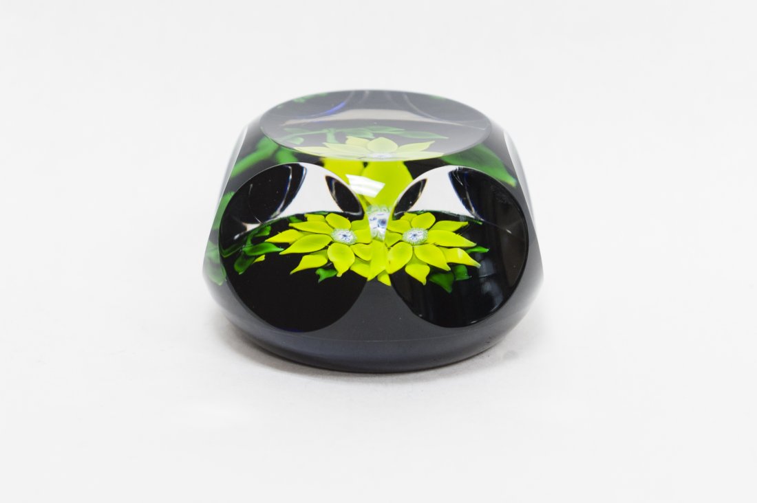 Saint Louis Art Glass Paperweight.: Contemporary Saint Louis Art Glass paperweight. Green petal flower with 'SL 1970' date cane stamen. (Approx. 2" x 3 1/4"). From the Collection of Eric Sinizer and the Light Opera Gallery.