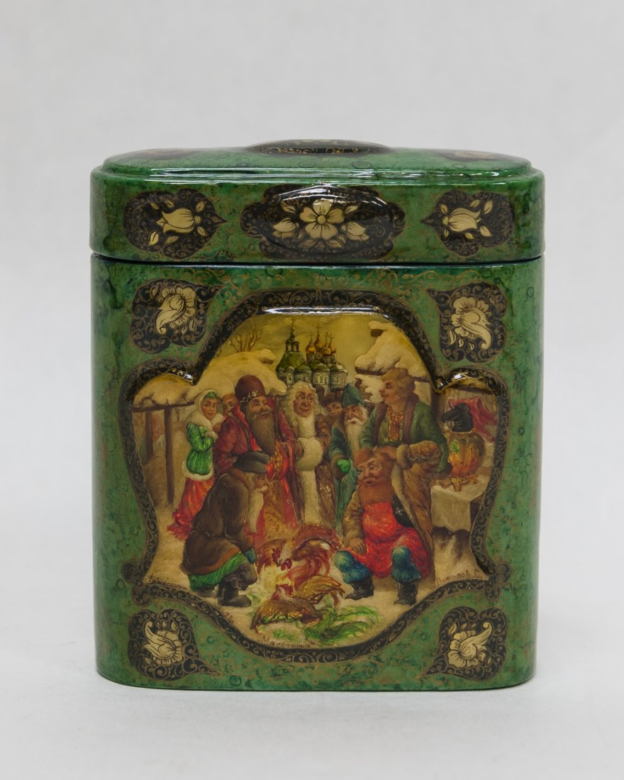 Russian Fedoskino Lacquer Box.: Russian Fedoskino lacquer box. Relief frontal medallion, painting of a cockfight and bystanders. Mother-of-pearl and metallic luminescence, on a green marbleized ground. Humurous medallion verso. Tall