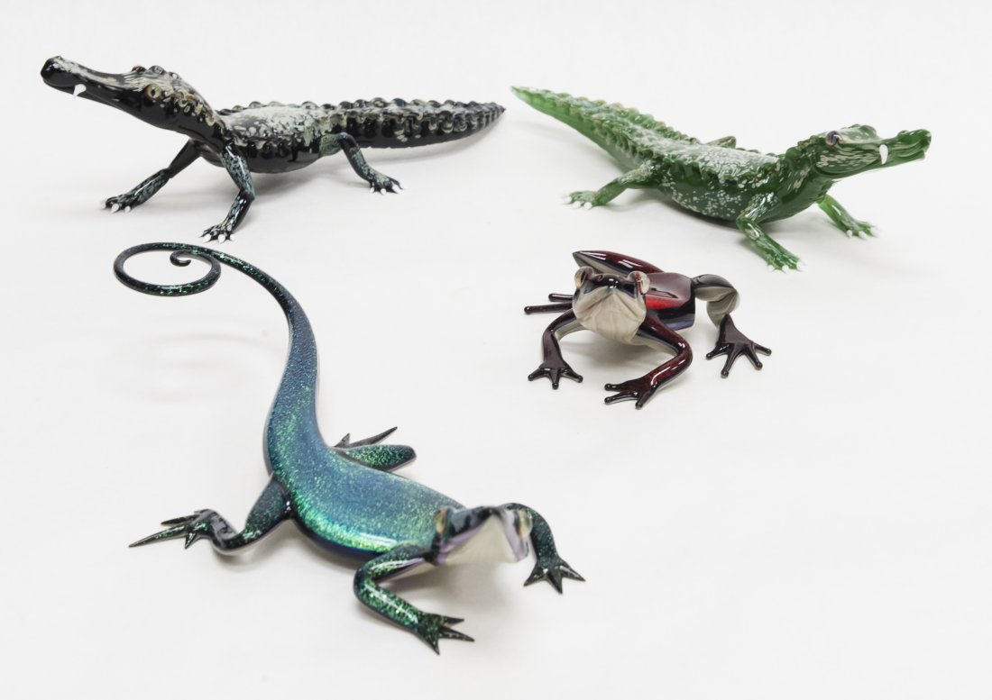 (4) Scott Bisson Art Glass Figures.: (4) Scott Bisson art glass figures. Finely modeled. (2) Alligators 2012 #87, #88. Green iridescent Salamander and Red iridescent Frog. (Approx. 8 1/2", 8 1/2", 8" & 3" long, 2 3/4", 2 1/2", 2" & 1 3/4