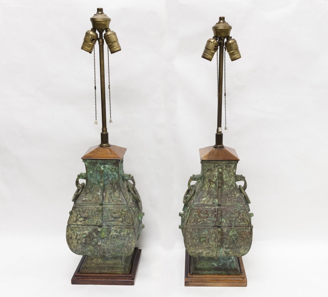 Pair of Chinese Archaic Style Bronze Base Table Lamps. (1 of 8)