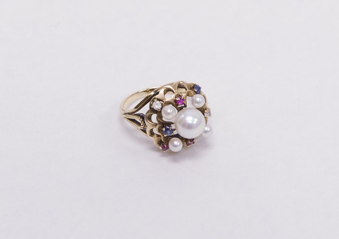 Lady’s Gold, Pearl and Gemstone Dome Ring. (1 of 5)