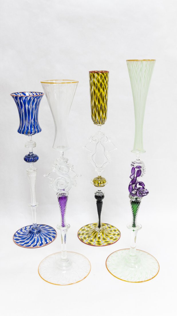(4) Charles Savoie Art Glass Stemmed Goblets. (1 of 10)