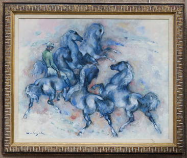 Denes De Holesch, Oil on Canvas.: Denes De Holesch (Hungarian, 1910 - 1983), Oil on canvas, Horse with Rider. Signed Holesch. Framed and matted. (Approx. 23" x 29", overall: 29" x 34 1/2").