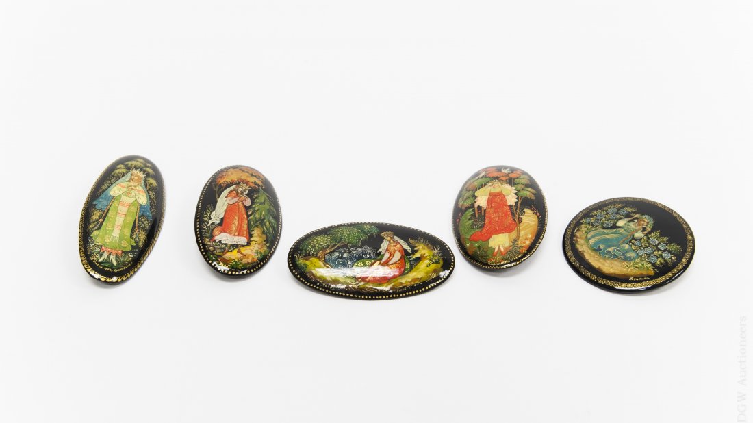 (5) Russian Palekh Lacquer Brooches. (1 of 9)