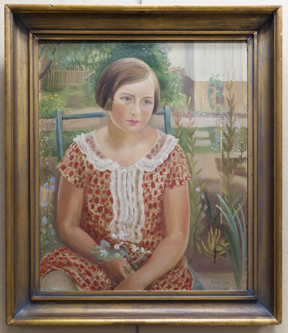 Arthur Percy Oil on Panel.: Arthur Percy (Swedish 1886 - 1976), Oil on panel, Portrait of a young girl in a garden. Signed Percy and dated 1926. Framed. (Approx. 24 1/2" x 20 1/2", overall: 30 1/2" x 26 1/2").