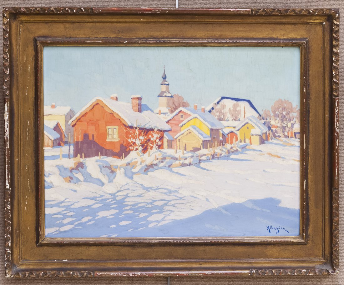 Ohannes Alhazian, Oil on Canvas, Landscape.: Ohannes Alhazian, (Armenian, 1881-1958), Oil on canvas, Village sous la Neige. Signed lower right Alhazian. Framed. (Approx. 18" x 24", overall: 25" x 30 1/2").
