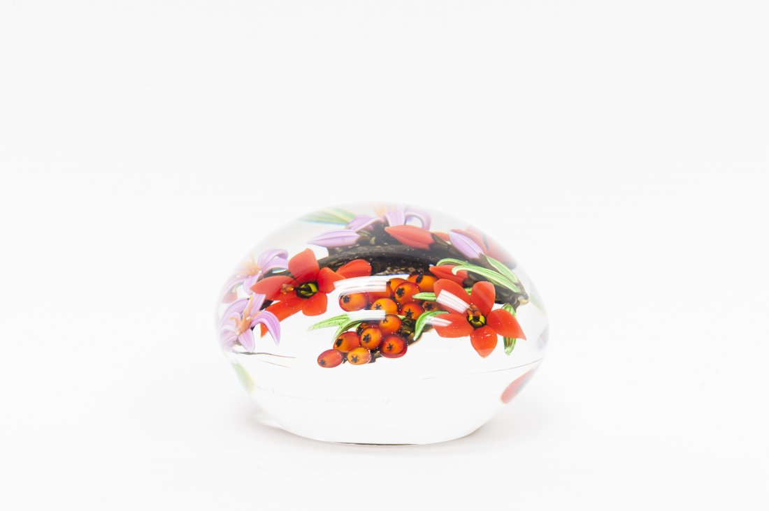Colin Richardson Art Glass Paperweight.: Colin Richardson art glass paperweight. Depicts a pink and red floral sprig with berries. Etched signature dated 2011 numbered 1/1. (Approx. 2" x 3 1/2 "). From the Collection of Eric Sinizer.