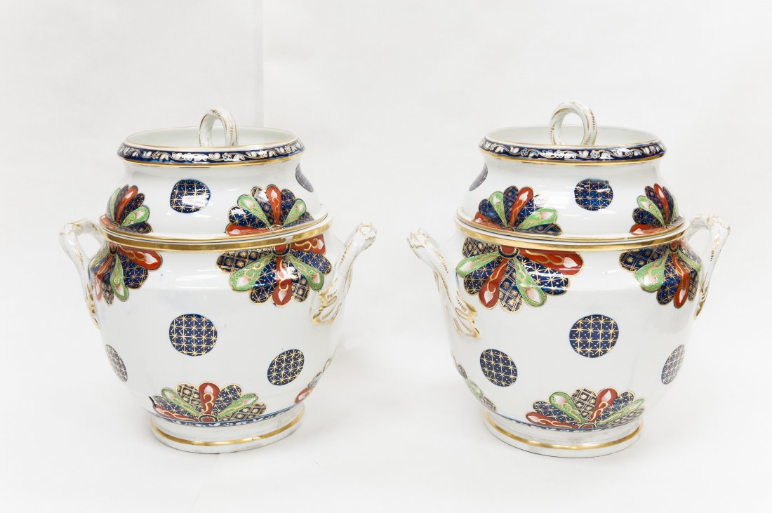 Pair of English Porcelain Lidded Fruit Coolers.: Pair of English porcelain lidded fruit coolers, hand painted with Imari motifs. First half of the 19th Century. Height: 11 1/2 inches.