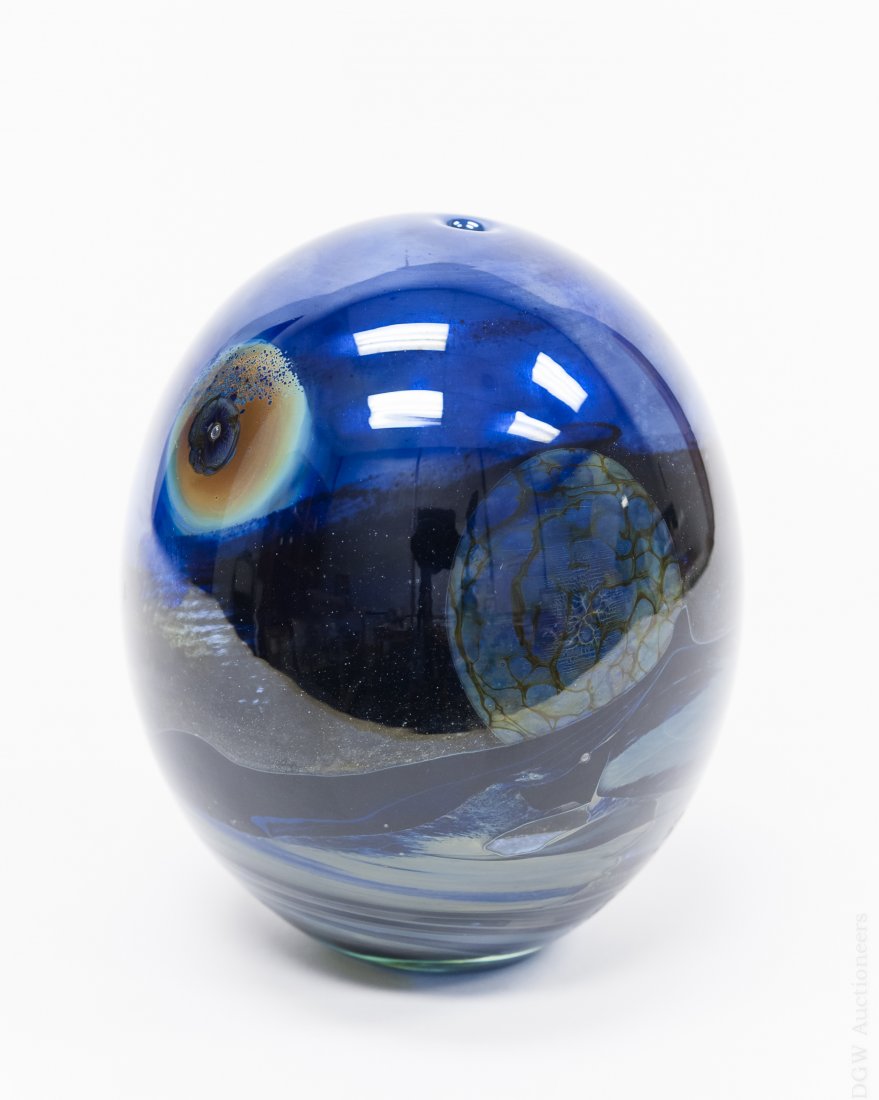 John Lewis Moon Vase.: John Lewis moon vase with double "Moons" above an atmospheric landscape in shades of blue and green, creating a nice layering effect. Etched Lewis. (Approx. 6" tall). From the Collection of Eric Siniz