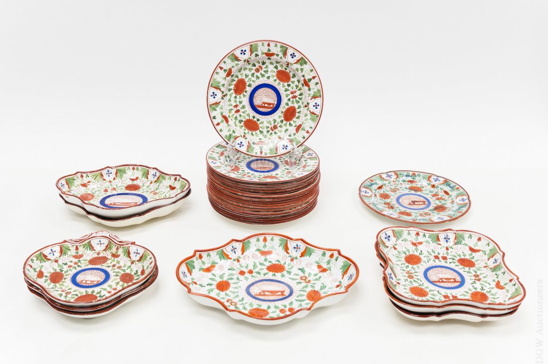 English Moorish Design Hand Painted Plates.: Group of English Moorish design hand painted tin glaze earthenware plates. With various marks incised IEBW, incised MEIGH. Including 3 groups of shaped dishes and 18 plates (diam. 8 1/2") plus one sim