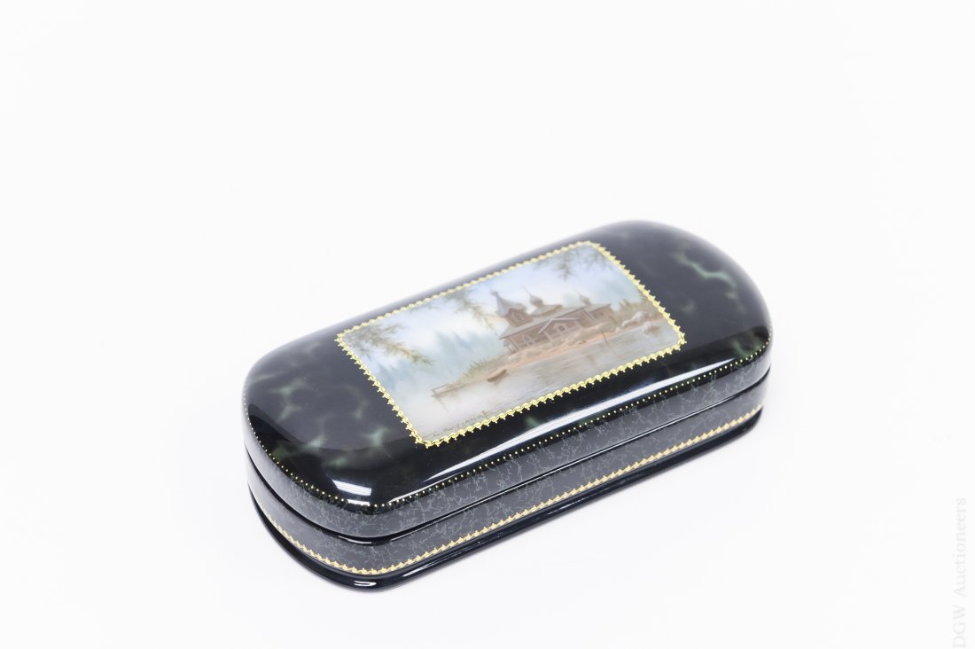 Kirsanov, Russian Fedoskino Lacquer Box.: Sergey Kirsanov, Russian Fedoskino lacquer box, ‘Valaam Monastery’. Miniature painting depicts a secluded monastery in the woods. Box is a dark green tortoise shell patter with gilt accents and re