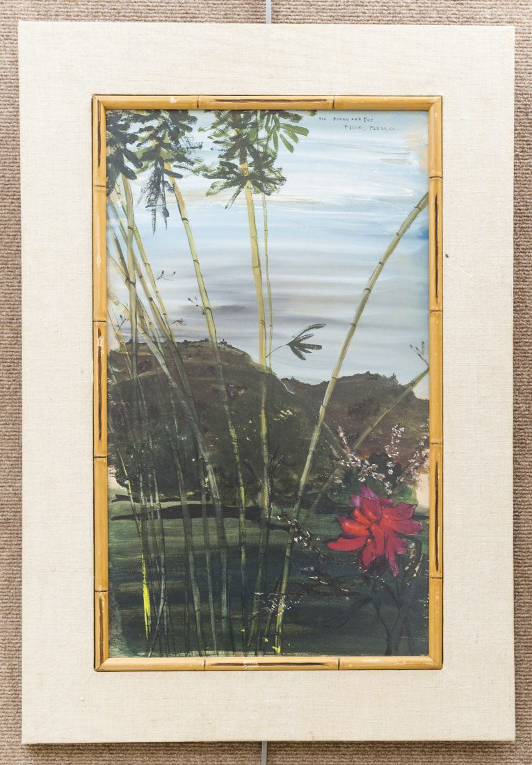 Fleur Cowles Watercolor and Gouache on Paper.: Fleur Cowles, (American, 1908-2009), Watercolor and gouache on paper, ‘Bamboo’. Signed , inscribed and dated upper right: For Punky and Gus Fleur 22, 1952. Framed under glass. (Approx. 20" x 12").