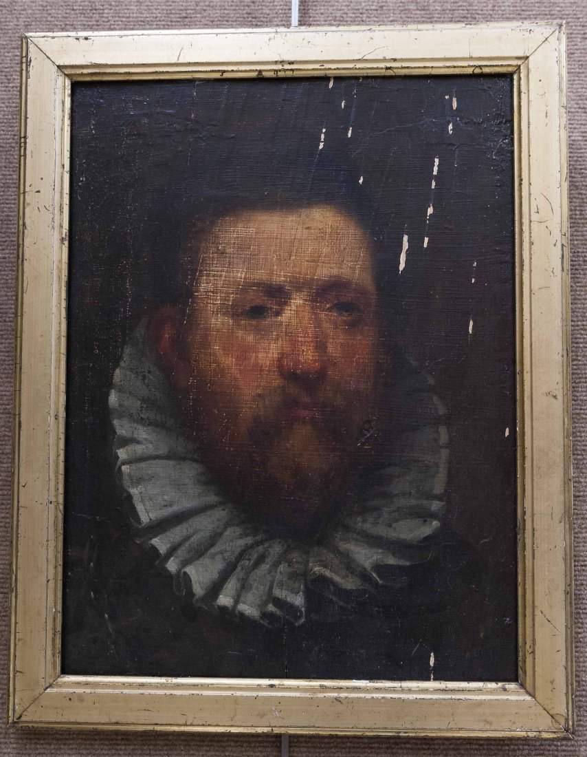 Oil on Panel, Duke of Essex.: Framed oil on panel, portrait of the Duke of Essex, J. Alden Weir, after Gheeraedts. (Approx. 17 1/2" x 13", overall: 19 1/2" x 15 1/2). (From the collection of Frederic Krause Huber, deceased).