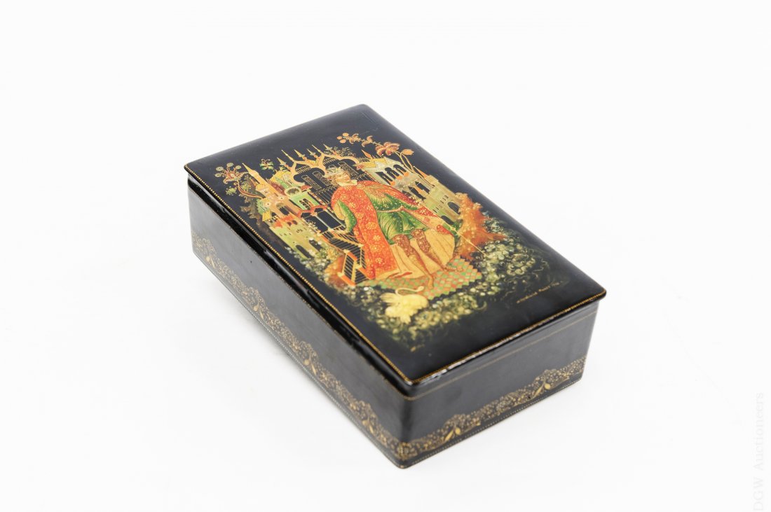 1940s Palekh Russian Lacquer Box.: 1940s Palekh Russian lacquer box. Painting on lid, done in slight relief, depicts a prince and a swan in front of an elaborate building. Signed and dated 1946. Made in Soviet Union inscribed on bottom