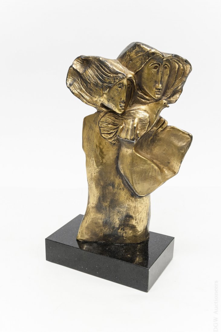 Alvar Limited Edition Bronze Sculpture.: Alvar Sunol Munoz-Ramos limited edition bronze sculpture, Two faces and a dove, on marble plinth. Marked © Alvar 1981 48/99 Venturi Arte. (Approx. 12 1/4" tall, overall: 14" tall). Alvar Limited Edit