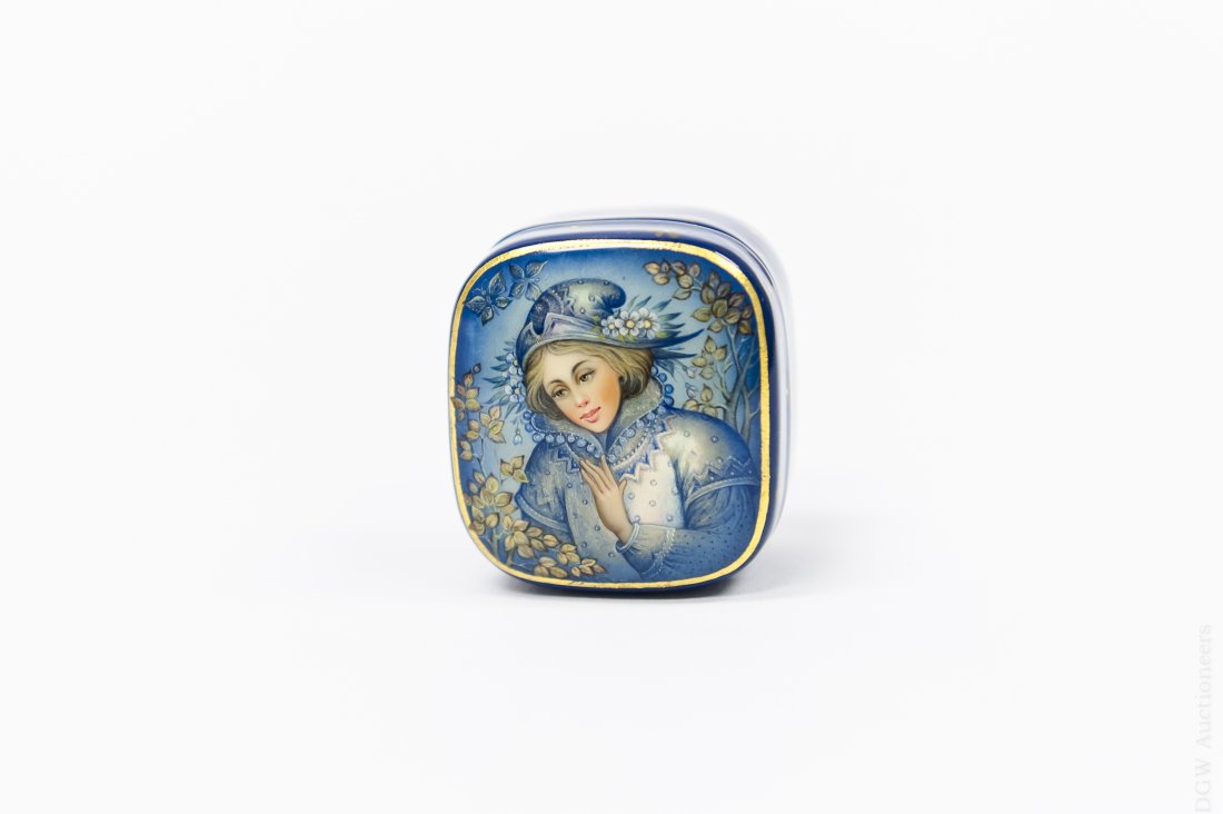 Aldoshkina Russian Fedoskino Lacquer Box.: Russian Fedoskino miniature rectangular lacquer box. Miniature painting on lid depicts a boy surrounded by tree branches and butterflies, flowers scatter the sides of the box. Inner lid signed Aldoshk