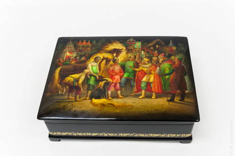 Russian Fedoskino Lacquer Box.: Russian Fedoskino lacquer box. Depicts the Russian fairy tale of the Magic Humpback Pony in vibrant colors with iridescent accents and a gold floral border. Signed and dated 1990. (Approx. 3 ¼" x 10