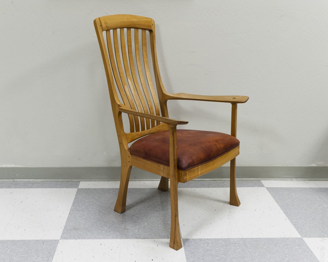 Robert Erickson South Yuba Wooden Arm Chair.: Robert Erickson handcrafted South Yuba wooden arm chair. Ergonomic contoured floating back design and leather upholstered seat. Numbered 21, dated 1982.