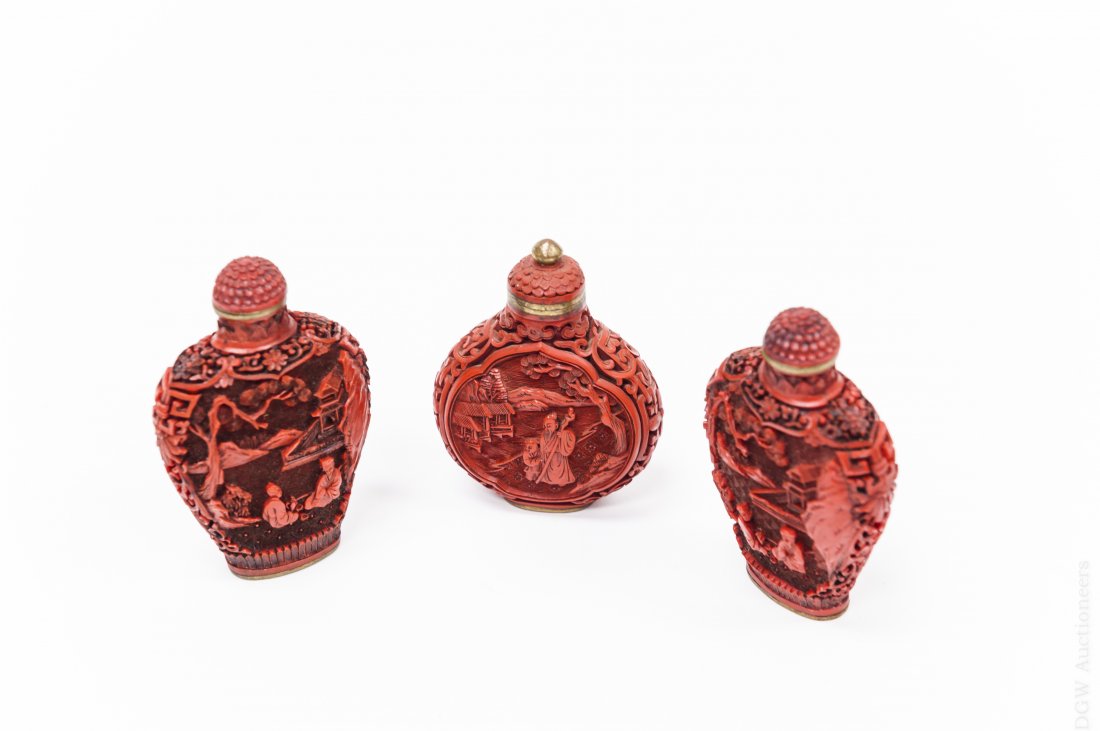 (3) Carved Cinnabar Snuff Bottles. (1 of 8)