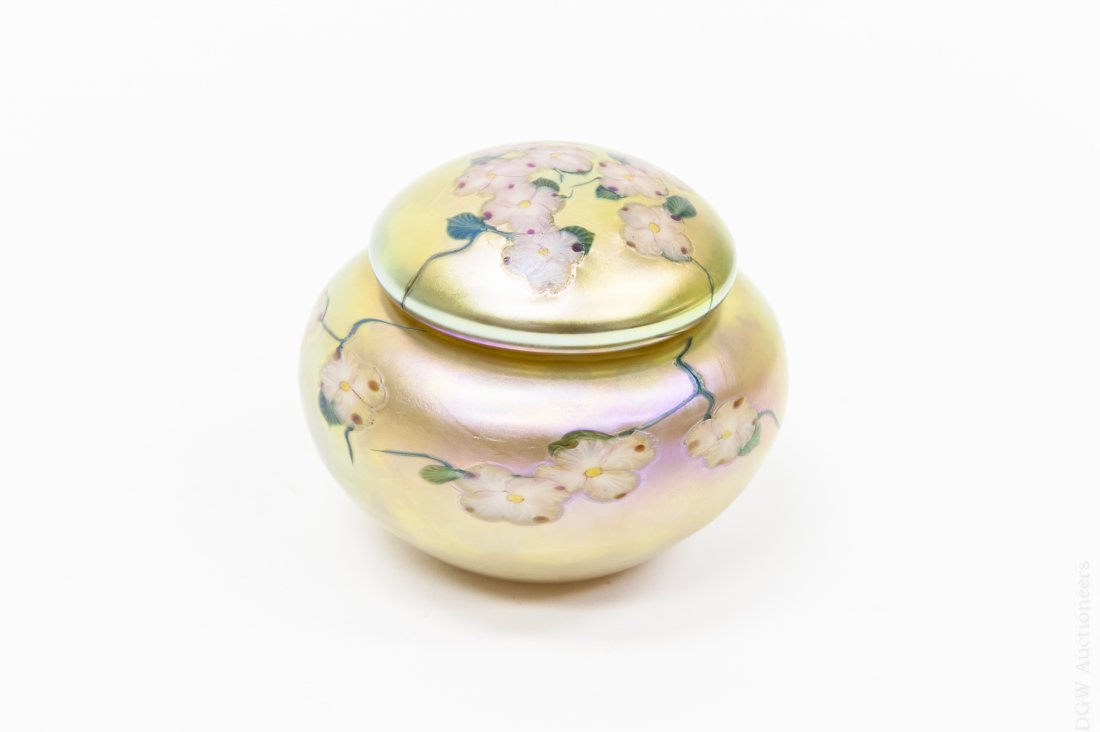 Daniel Salazar Pink Dogwood on Gold Luster Jewelry Jar. (1 of 8)