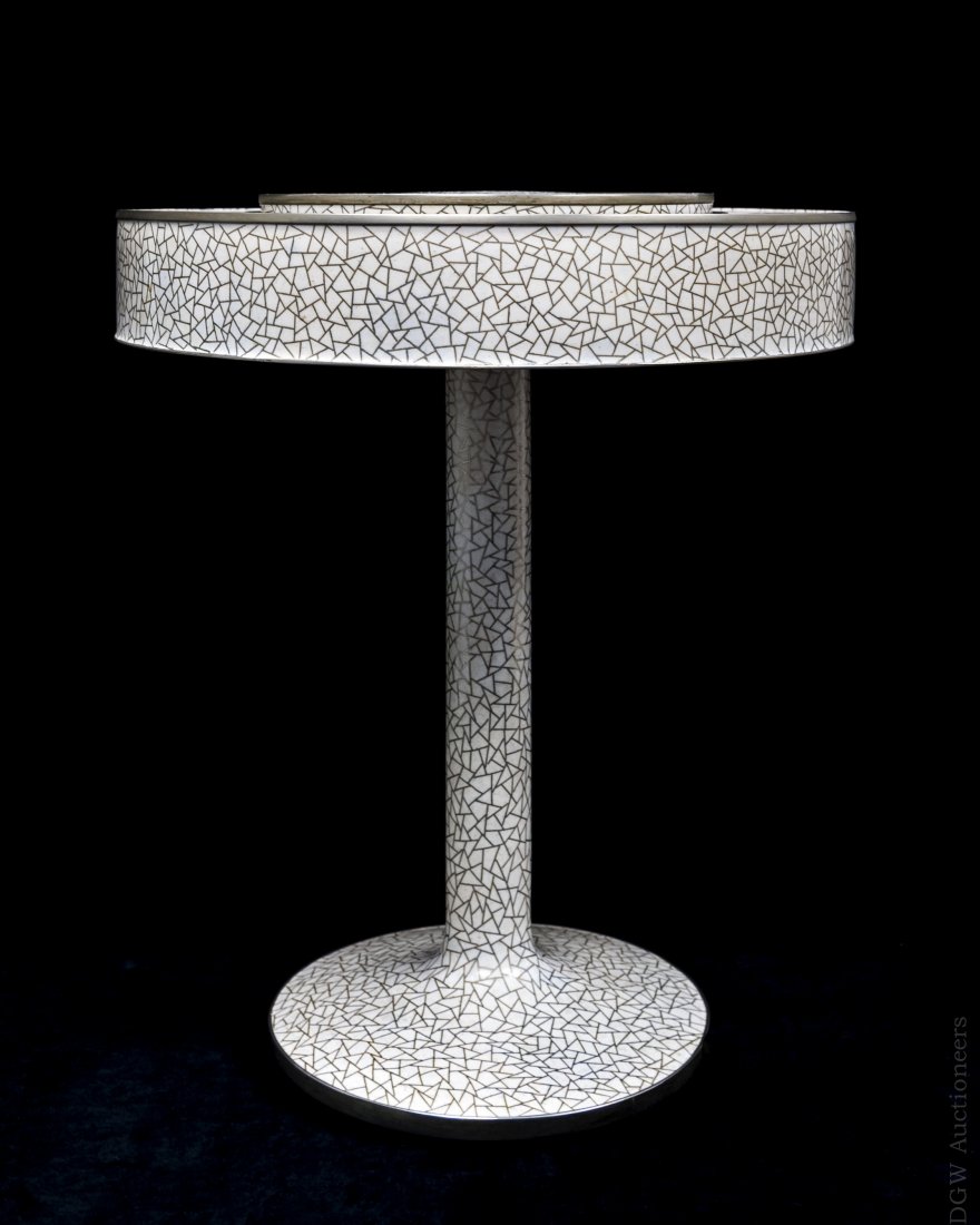 I.M. Pei Table Lamp.: I.M. Pei (Chinese American, born 1917) table lamp. Silver metal and white enamel cloisonné 4-light table lamp. Integral circular shade. with conforming straight round standard and circular foot. (App