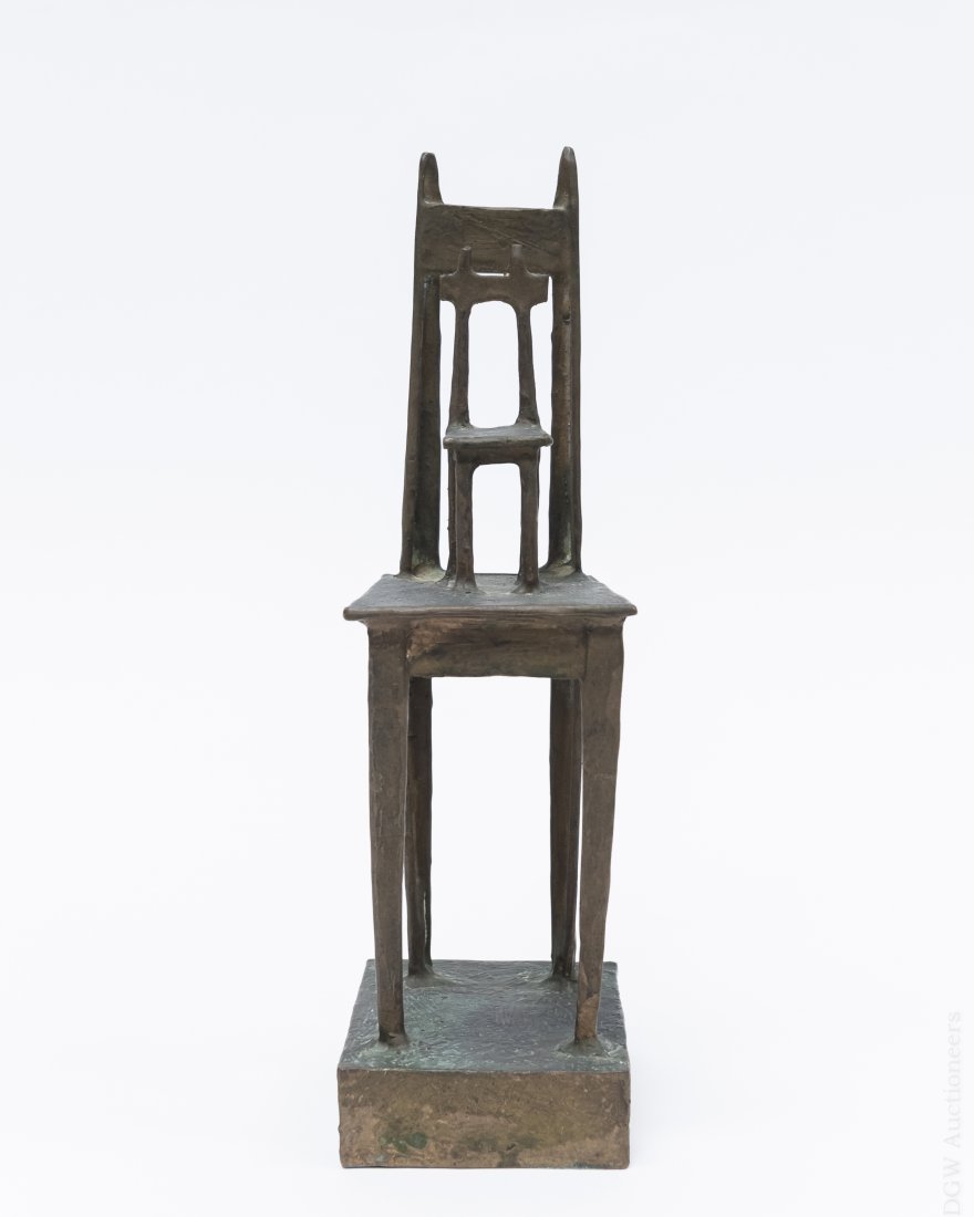 Sven Dalsgaard Bronze Sculpture, Chair on Chair.: Sven Dalsgaard, (Danish 1914-1999), patinated bronze sculpture of two chairs on a rectangular base. (The smaller chair on the seat of the bigger chair). Signed and dated 1964 on the back and the under