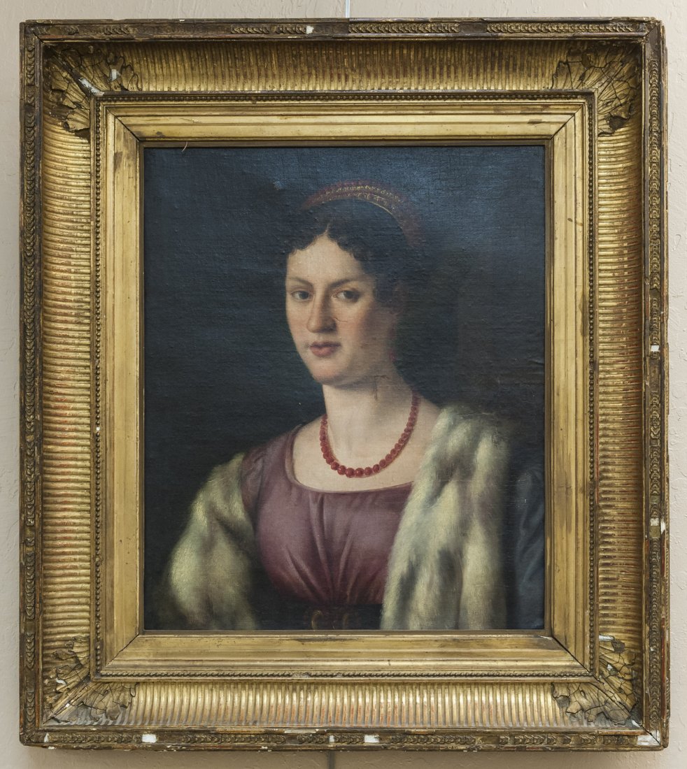 Continental School Oil on Canvas, Portrait of a Lady.: Oil on canvas, Continental School, 19th C. Portrait of a Lady with coral bead corona and necklace. In a gilt wood frame. (Approx. 24 ½" x 19 ½", overall: 32" x 28").