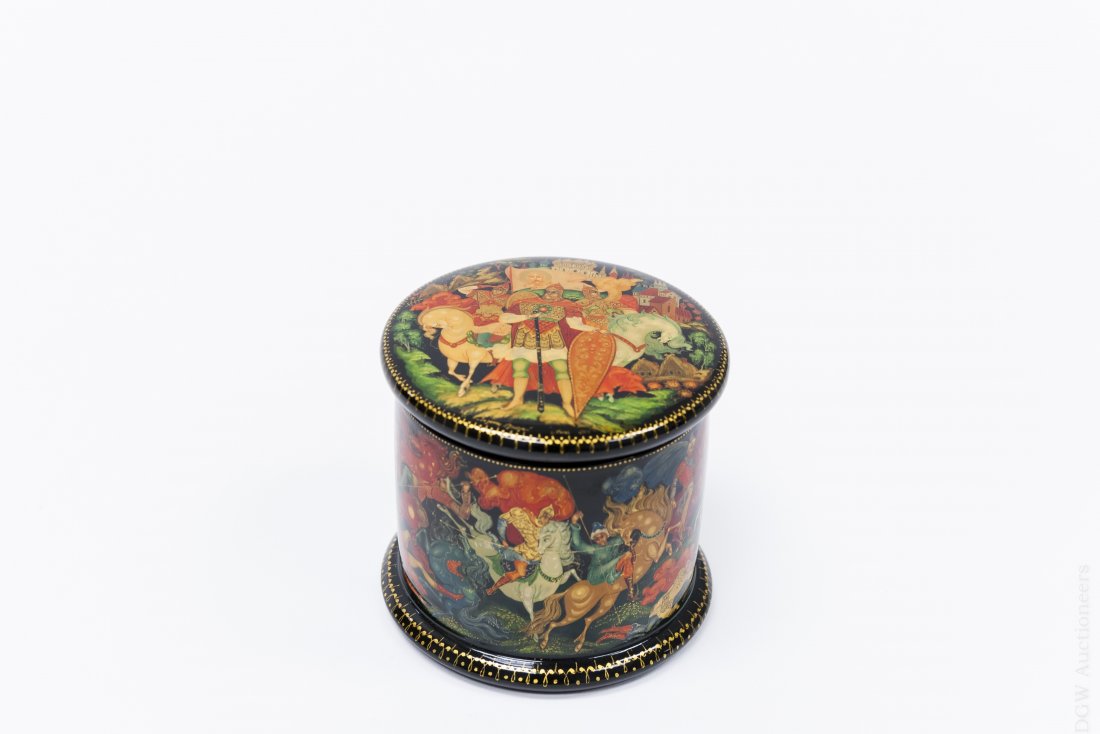 Palekh Alexander Nevsky Lacquer Box.: Palekh Alexander Nevsky box. Round Russian Lacquer box depicting Alexander Yaroslavich Nevsky on the lid with scenes of battle on the sides. Signed and titled. (Approx. 2 ¾" tall, 3" diameter). From 