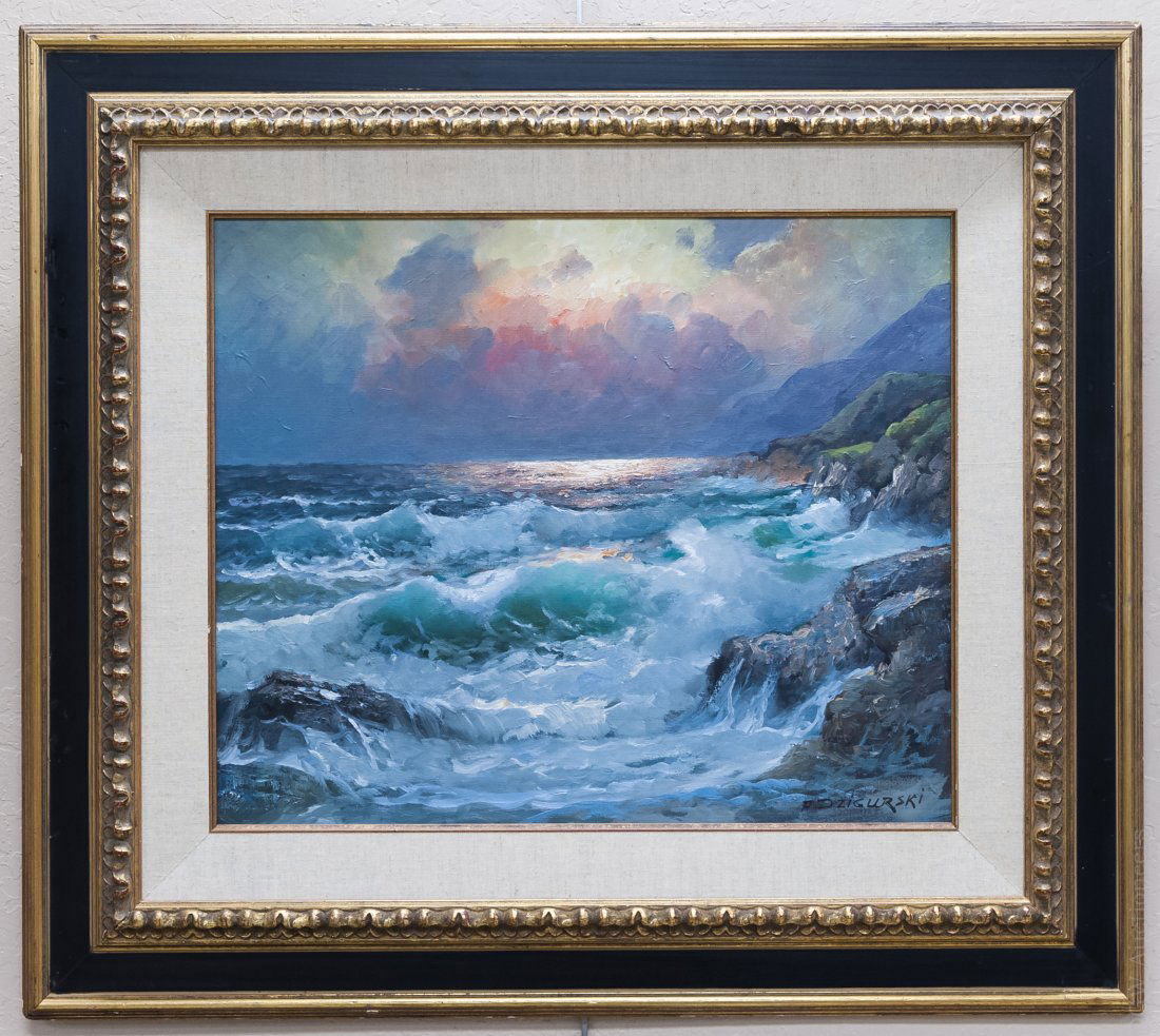 Alexander Dzigurski Oil on Canvas.: Alexander Dzigurski Oil on canvas, Crashing waves, signed lower right, A. Dzigurski. Framed. (Approx. 19.5" x 23.5", overall: 31.5" x 35.5").