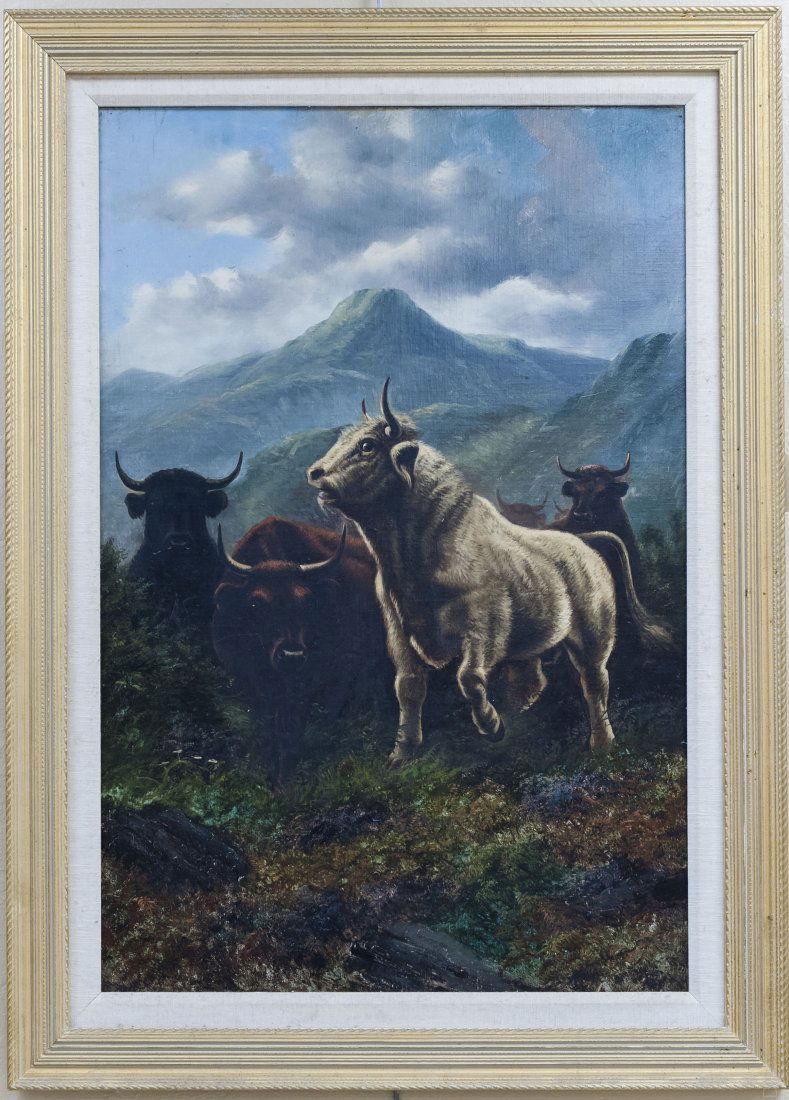 W.J. Crampton Oil painting, Bulls.: William James Smith Crampton oil on canvas affixed to board, Bulls on a hillside landscape, signed lower left, W.J. Crampton. Framed. (Approx. 35.5" x 23.5", overall: 43" x 31").