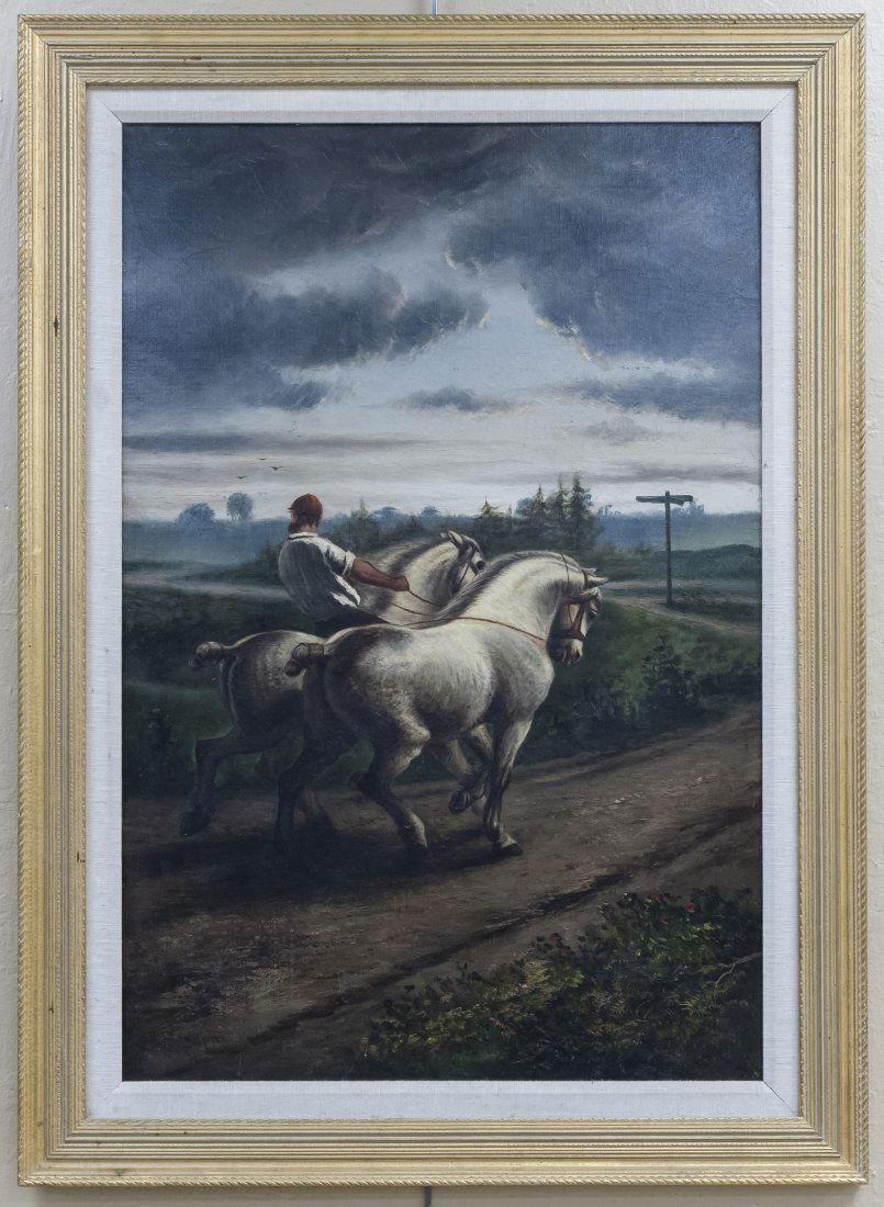 W.J. Crampton Oil painting, Horses.: William James Smith Crampton oil on canvas affixed to board, two galloping horses with a man riding one, signed lower left, W.J. Crampton. Framed. (Approx. 35.5" x 23.5", overall: 43" x 31").