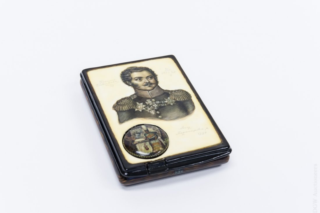 Portrait of Denis Davydov Lacquer Box.: Fedoskino portrait of Deni Davydov lacquer box with removable pin. Lid depicts a portrait of Davydov with his name and 1812 inscribed in silver on either side of his head. Below him is a removable pin