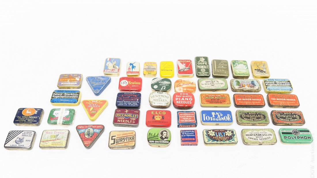 (42) Gramophone Needle Tins.: (40) Vintage gramophone needle tins. Including Elco, Welcome, Swastika, The Stag brand, Red Ditch, and others.