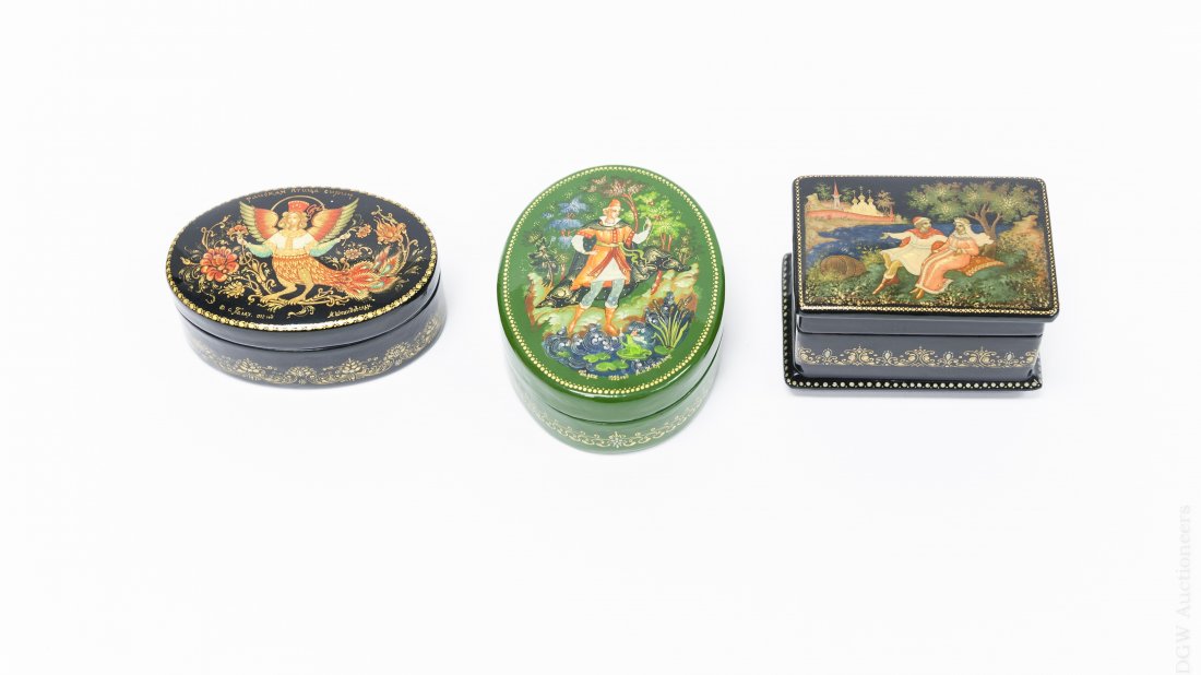 (3) Signed Palekh Lacquer Small Boxes. (1 of 8)
