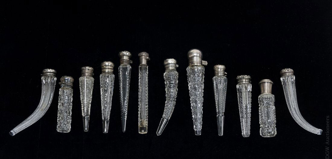 (12) Cut Glass Perfume Bottles with Sterling Caps. (1 of 5)