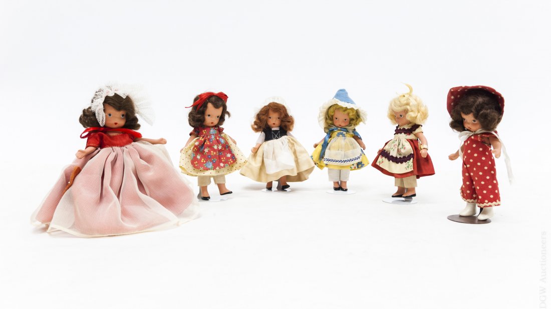 (6) Vintage Nancy Ann Storybook Dolls.: (6) Vintage Nancy Ann storybook dolls with jointed limbs and pudgy tummy, with boxes.