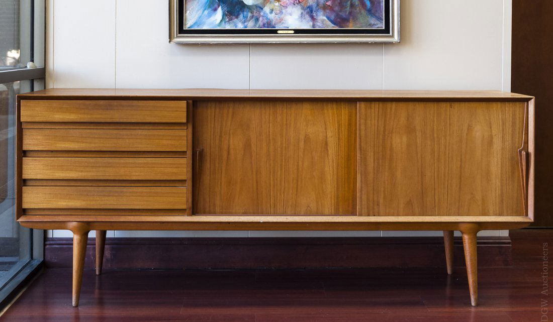 Omann Jun Danish Teak Sideboard.: Omann Jun Danish teak sideboard with 4 drawers and 2 sliding doors. (Approx. 32 1/2" tall, 79" x 18 3/4").