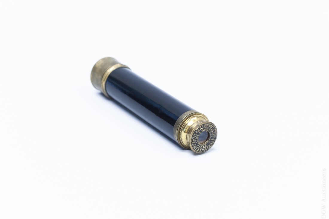 19th C. Carpenter & Westley Kaleidoscope.: 19th C. Carpenter & Westley kaleidoscope. Lacquer and brass body with single lens. Eyepiece marked P. Carpenter Sole Maker. (Approx. 6 3/4" long, 10 1/2" long when expanded). From the collection of Er