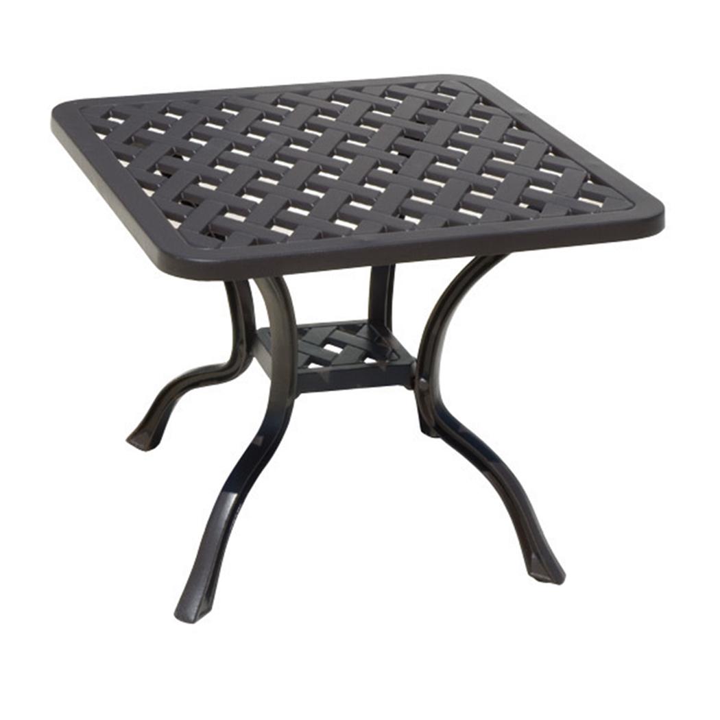 Savannah Outdoor Aluminum End Table: Savannah Outdoor Aluminum End Table … Savannah End Table 21.5 " square x 20" tall. Featuring a woven lattice design and a brown bronzed powder coat finish. The side table is cast in 100% aluminum an