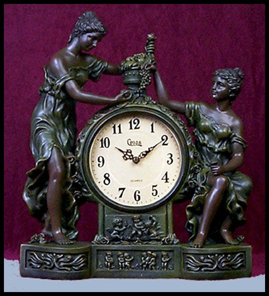 ART NOUVEAU STYLE CLOCK SCULPTURES OF LADIES: Size: 15 In. H, 13 In. W, 5 In. D, Material: Green And Bronze Resin, Quartz Movement, Battery Operated