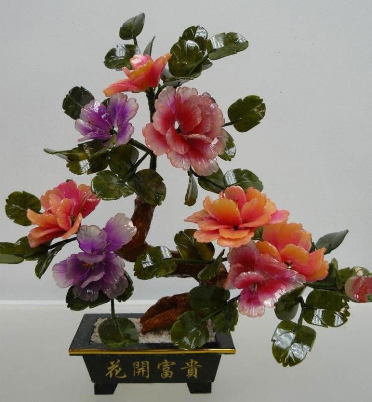 REAL JADE MIXED BONSAI FLOWER: Flower Is Made From Multiple Colors Jades. There Are Orange, Pink, Purple And Red. Its Leaf Is Made Of Taiwan Jade. It Is An Ideal Decoration For Your Living Room, Dining Room, Office And Kitchen.___W