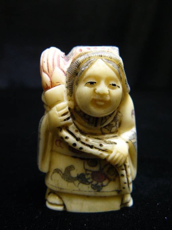 ANTIQUEBone JAPANESE NETSUKE: Japanese Netsuke. All Hand Carved From One Solid Piece Of Bone. Hand Painted With Signature On The Bottom. There Are 2 Holes On The Back, Which Is Used For Hanging. Very Detailed.___Long: 1.5", Deep: 