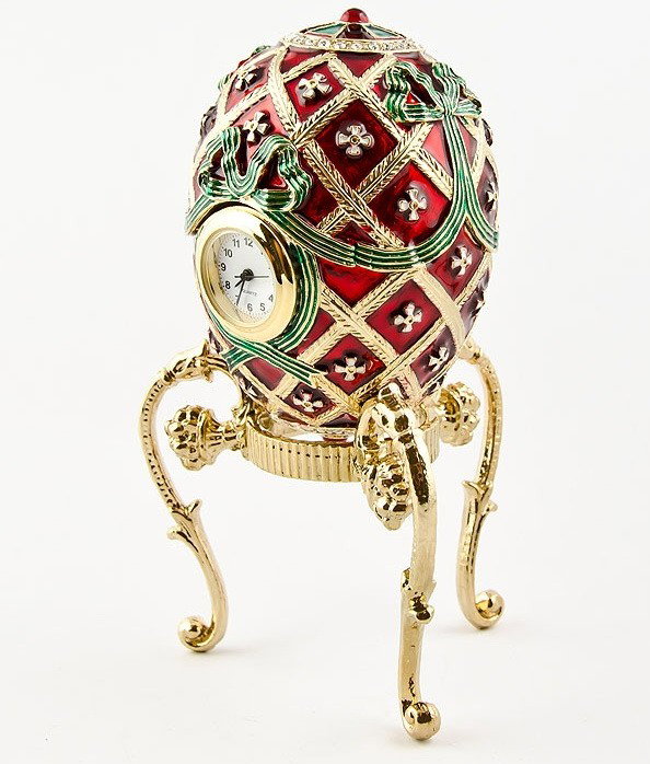 ORDER OF ST. GEORGE FABERGE EGG: ORDER OF ST. GEORGE FABERGE EGG - Features: 4.5'' (H) X 2'' (D) - Weight: 12 Oz - Pewter, Crystals, Enamel - Gift Boxed - Beautiful Strawberry Red, Green And Golden Enamel Colors Are Intervened To Pro