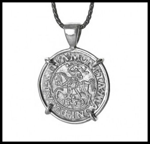 CHARGING KNIGHT OF LITHUANIA, 1500'S: Diameter: .85". Metal: Sterling Silver Frame. The charging knight has been used as the state emblem of Lithuania since 1366. Lore has it that the knight is chasing invaders out of his country. Lithuan