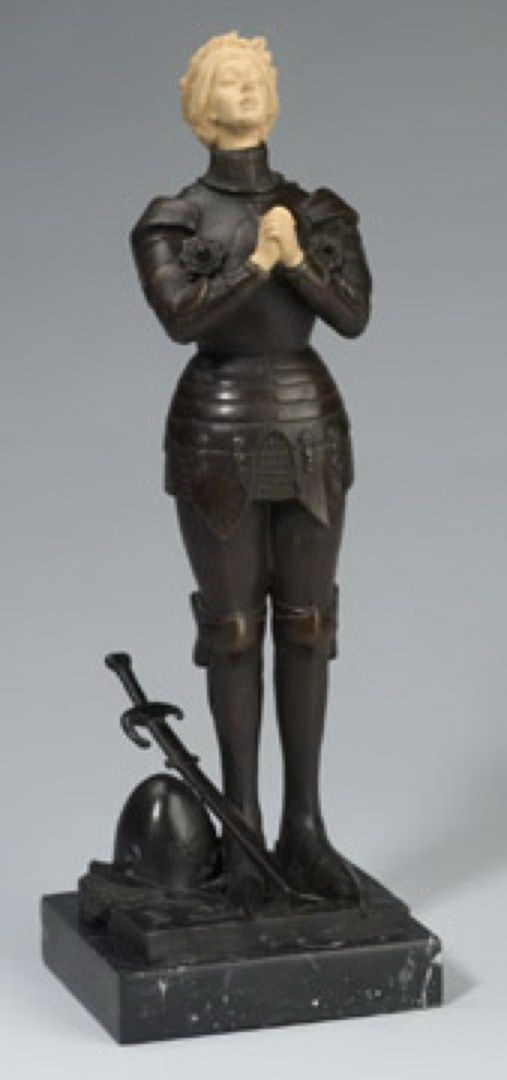 JOAN OF ARC - BRONZE SCULPTURE: Joan of Arc Praying Bronze and Porcelain Sculpture Statue measures 16 in. H x 5.5 in. W x 4.75 in. D. Made of Solid Bronze and Porcelain attached to a solid Marble Base. Cast using the lost wax style