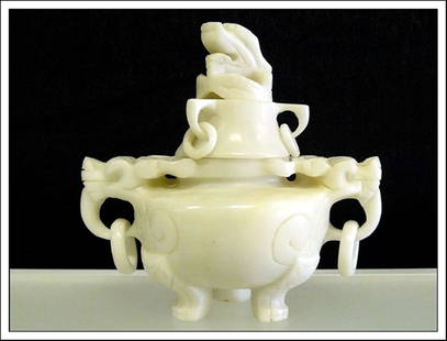 WHITE JADE INCENSE BURNER: WHITE JADE INCENSE BURNER - Wide: 6", Deep: 4.5", High: 6" - Jade Incense Burner Is Made From Natural White Jade. It Comes With A Dragon Head Lid And Body. Very Detailed Carving.