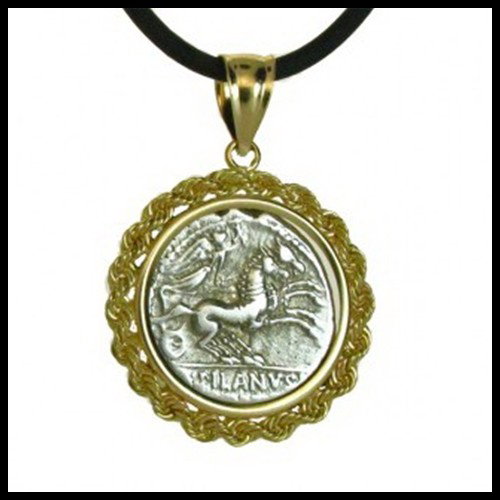 ROMAN CHARIOT COIN, 91 B.C.: Diameter: 1.05". Metal: 14kt Gold Border. A beautiful example of a Roman silver denarius issued in 91 B.C. during the reign of Silanus. The coin features a detailed image of a two horse chariot known 