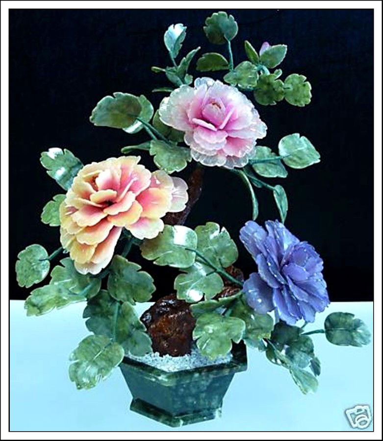 REAL JADE MIXED BONSAI FLOWER: REAL JADE MIXED BONSAI FLOWER - Wide: 14", High:16", Deep: 10". - Flower Is Made From Variety Of Color Jade. There Are Yellow And Red. Its Leaf Is Made Of Taiwan Jade. It Is An Ideal Decoration For Yo