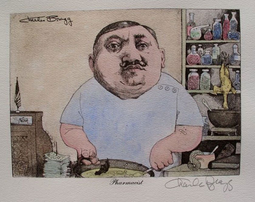 CHARLES BRAGG PHARMACIST HAND SIGNED COLOR LITHOGR: Charles Bragg Limited Edition Hand Water Colored Lithograph Titled "THE PHARMACIST". Medium: Lithograph On Arches. Pencil Hand Signed And Numbered By Charles Bragg Himself. Edition Size: 150. Paper Si