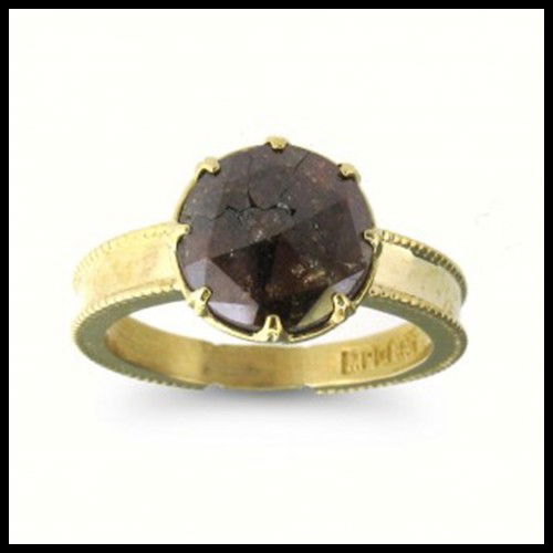 NATURAL DIAMOND IN CUSTOM RING: Diamonds: Natural Brown Diamond. Metal: 14kt Yellow Gold. Prong Set A Natural Diamond Weighing 1.74 Carats In A 14kt Yellow Gold Custom Ring With Hand Tooled Beading On The Edges Of The Shank. The Dia